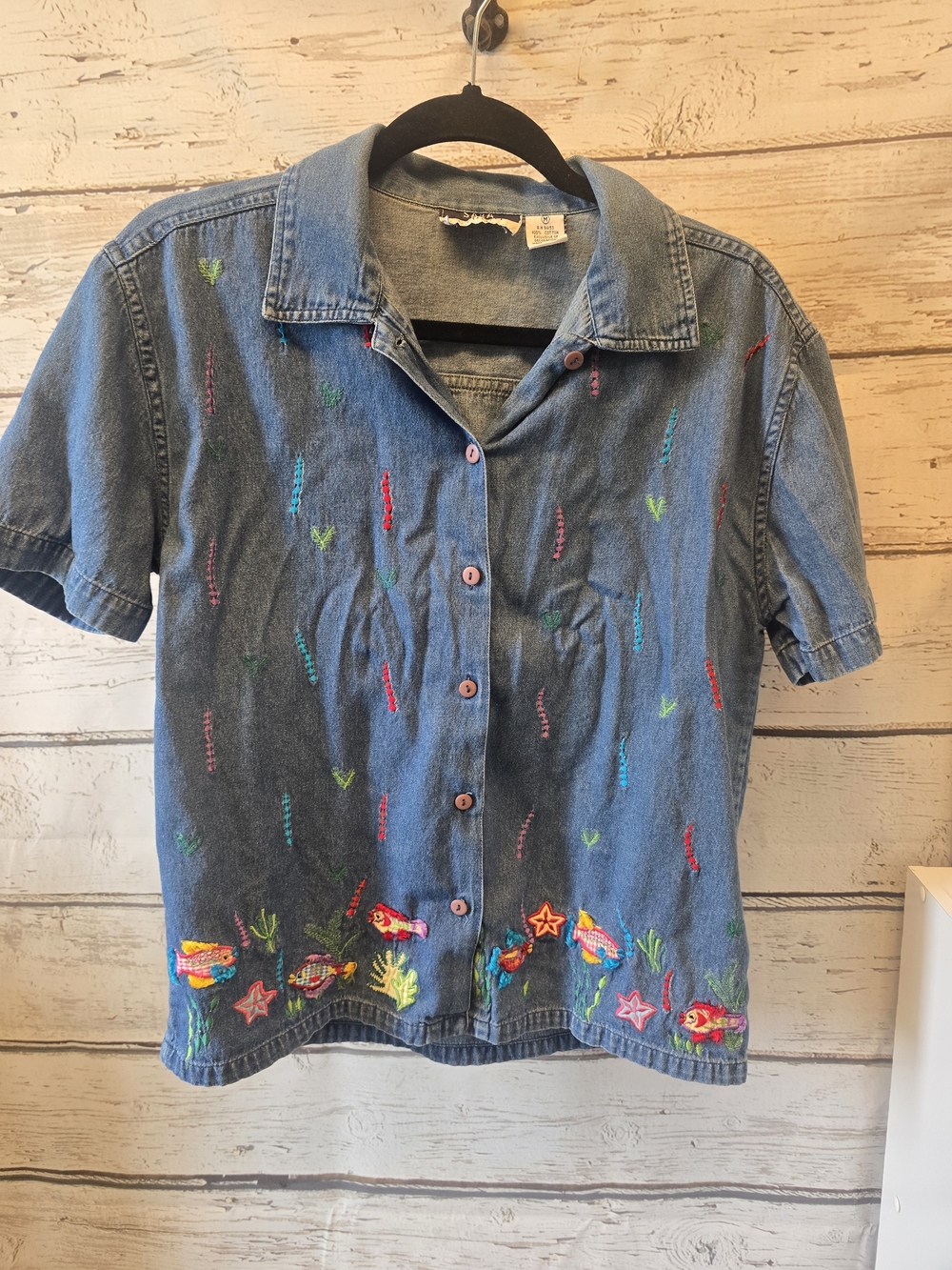 Sara Studio Embroidered Denim Button-Down Shirt in Blue Medium